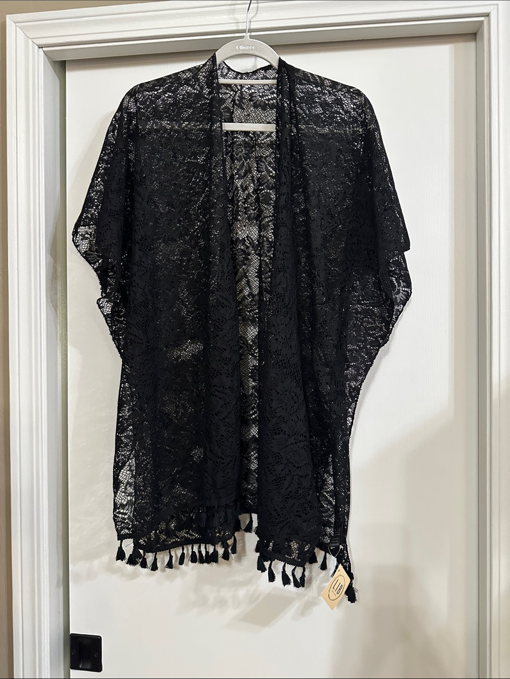 Women's Black Lace Kimono with Tassel Trim